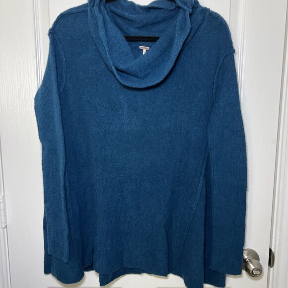 Free People Cowl Neck Sweater Size Large Teal Blue Slouchy Relaxed Off Shoulder - Picture 2 of 10